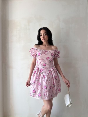 Klex Kare Yaka Dantel Detaylı Balon Kollu Çiçek Desenli Mini Elbise 5097 Pembe - L