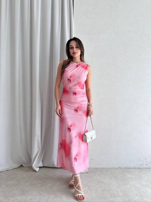 Klex Drapeli Desenli Maxi Elbise 5060 Nar Çiçeği - S