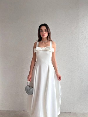 Klex Fiyonk Detaylı Kalın Askılı Midi Elbise 5089 Beyaz - S