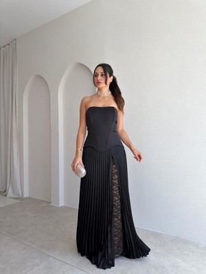 Klex Straplez Korse Detaylı Piliseli Dantel Şeritli Alt Üst Takım 6104 Siyah - Xl