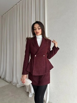 Klex Kruvaze Yaka Dokulu Ceket Etek Takım 6053 Bordo - Xl