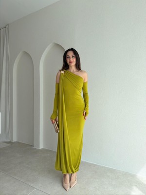 Klex Tek Omuz Drapeli Uzun Kollu Uzun Abiye Elbise 6130 Yağ Yeşili - Xl