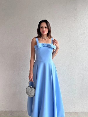 Klex Fiyonk Detaylı Kalın Askılı Midi Elbise 5089 Mavi - M