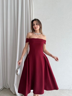 Klex Straplez Drapeli Yaka Pile Detaylı Midi Abiye Elbise 5041 Bordo - S