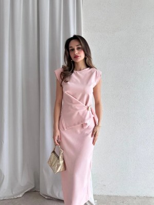 Klex Aksesuar Detaylı Kruvaze Bluz ve Etek Takım 5079 Pembe - M