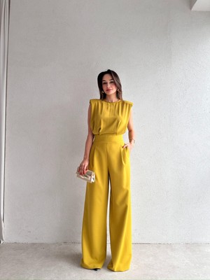 Klex Bisiklet Yaka Vatkalı Crop Bluz Palazzo Pantolon Tulum 5068 Yağ Yeşili - M