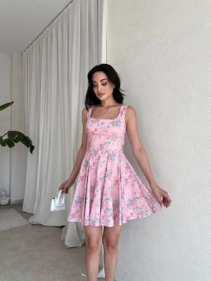 Klex Kare Yaka Çiçek Desenli Pileli Mini Elbise 5095 Pembe - L