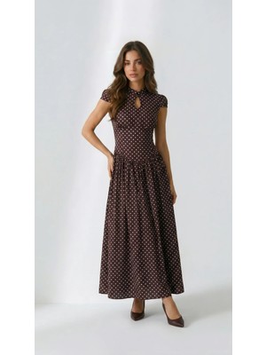Klex Puantiyeli Damla Yaka Maxi Elbise 6114 Acı Kahve - M