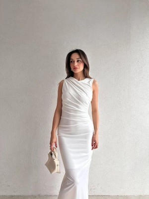 Klex Omuzdan Drapeli Maxi Elbise 5074 Beyaz - L