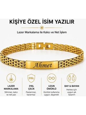 Melisa Takı & Aksesuar Çelik Gold Renk Isim Yazılır Unısex Bileklik (Kişiselleştirilebilir)