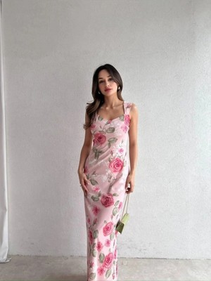 Klex Ince Askılı Çiçek Desenli Yırtmaçlı Uzun Elbise 5099 Pembe - S
