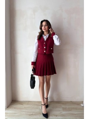 Klex V Yaka Düğme Detaylı Gömlek, Yelek ve Pliseli Etek Takım 5012 Bordo - L