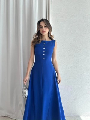 Klex Kayık Yaka Taşlı Fiyonk Detaylı Maxi Elbise 5055 Saks Mavisi - Xl