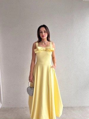 Klex Fiyonk Detaylı Kalın Askılı Midi Elbise 5089 Sarı - S