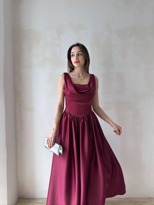 Klex Degaje Yaka Belden Büzgülü Saten Midi Elbise 5090 Bordo - Xl
