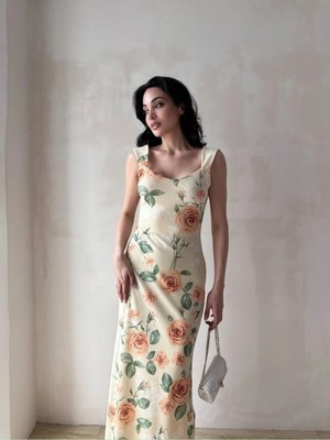 Klex Ince Askılı Çiçek Desenli Yırtmaçlı Uzun Elbise 5099 Sarı - L