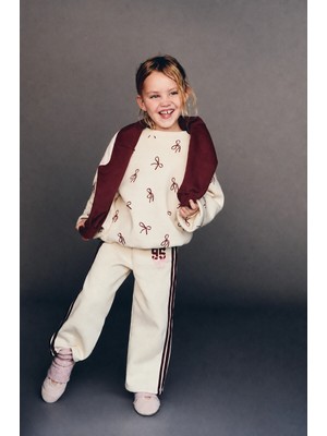 Magu Kız Çocuk  Fiyonk Desenli Ekru Sweatshirt ve Bol Paça Eşofman Takımı