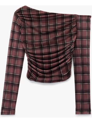 Koton Asimetrik Yaka Uzun Kollu Drape Detaylı Ekose Tişört