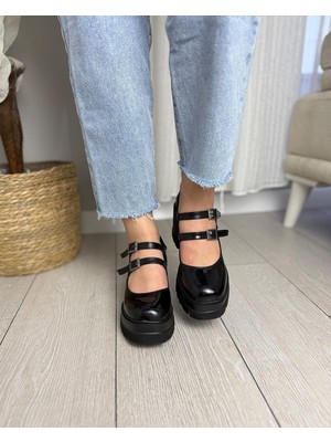Asmi Shoes Kadın Samba İki Baletli 8 Cm Topuklu Platformlu Ayakkabı  Siyah Rugan