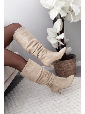 Asmi Shoes Kadın OSLO Topuklu Körüklü Şık Tarz Günlük Rahat Çizme  Bej Süet