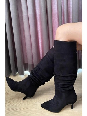 Asmi Shoes Kadın OSLO Topuklu Körüklü Şık Tarz Günlük Rahat Çizme  Siyah Süet