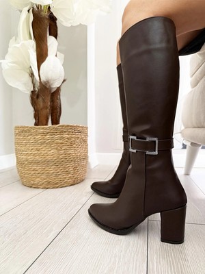 Asmi Shoes Kadın Lamor Yandan Fermuarlı Diz Altı Çizme  Kahverengi Tokalı