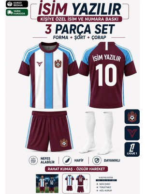 Rüya Vadisi Kişiye Özel Isim Yazılır Çocuk Halı Saha Futbol Forması Seti Bordo-Beyaz Forma+Şort+Çorap