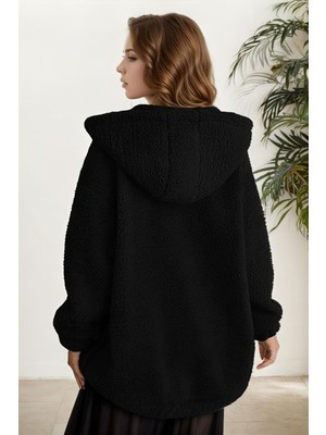 Hiramir Peluş Kuzu Kıvırcık Torba Cepli Kolej Mont Siyah KS2526