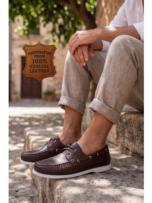 Liarca Nautical Hakiki Deri Kahverengi Kauçuk Anti Sararma Özellikli Taban Boat Shoe Loafer Makosen Casual Ayakkabı