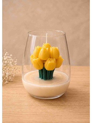 Beyra Decor Sarı Lale Buketi Mum – Dekoratif Cam Bardak Mum, Çiçek Tasarımlı Hediyelik Mum