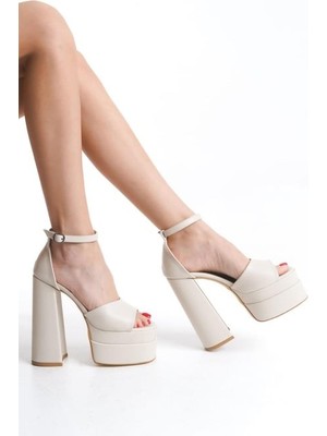 Asmi Shoes Kadın Wilma Bej Tek Bantlı 15 cm Çift Platform Topuklu Ayakkabı  Bej