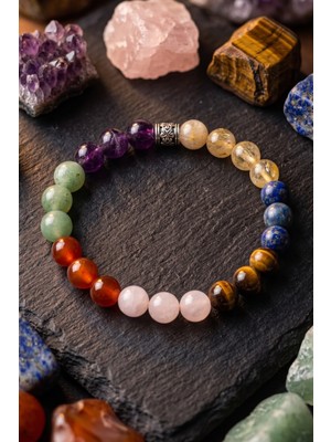 Venoria 8 mm 7 Çakra Doğal Taş Bileklik Ametist Lapis Lazuli Kaplan Gözü Pembe Kuvars Aventurin Karnelyan Gümüş Motifli Ara Boncuklu Esnek Lastikli Unisex Kadın Erkek Aksesuar Günlük Kombin Hediye