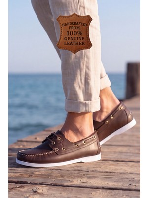 Liarca Marin Boat Shoe, %100 Hakiki Deri Kahverengi Kauçuk Sararmaz Taban Erkek Boat Shoe Mokasen Laofer Casual Aayakkabı