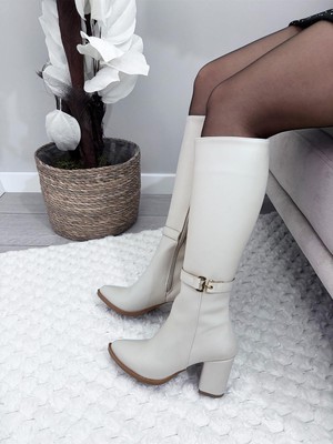 Asmi Shoes Kadın Lara Yandan Fermuarlı Diz Altı Çizme  Krem