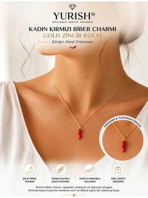 Yurish Kadın Kırmızı Biber Charmı Gold Zincir Kolye Şans Kolye