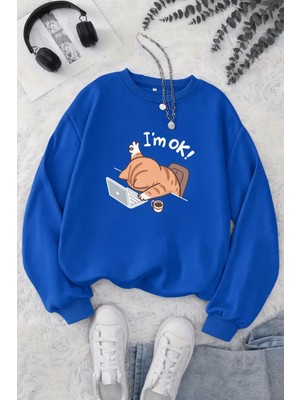 Oksit Bs Yorgun Kedi Baskılı Bisiklet Yaka Unisex Iki Iplik Şardonlu Sweatshirt