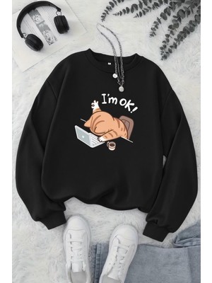 Oksit Bs Yorgun Kedi Baskılı Bisiklet Yaka Unisex Iki Iplik Şardonlu Sweatshirt
