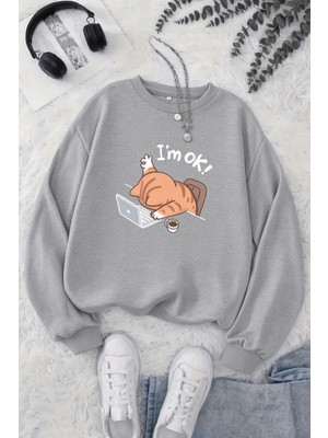 Oksit Bs Yorgun Kedi Baskılı Bisiklet Yaka Unisex Iki Iplik Şardonlu Sweatshirt