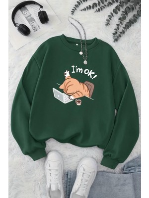 Oksit Bs Yorgun Kedi Baskılı Bisiklet Yaka Unisex Iki Iplik Şardonlu Sweatshirt