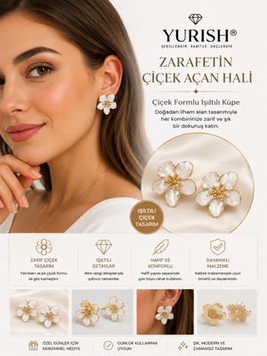 Yurish Kadın Gold Beyaz Gri Sedefli Çiçek Figürlü Mineli Model 2'li Küpe
