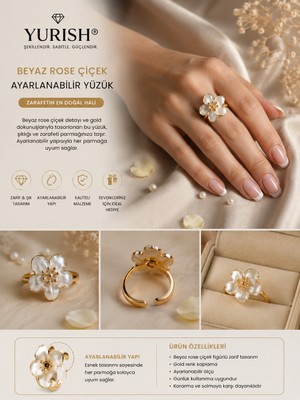 Yurish Kadın Gold Beyaz Rose Çiçek Desenli Ayarlanabilir Yüzük
