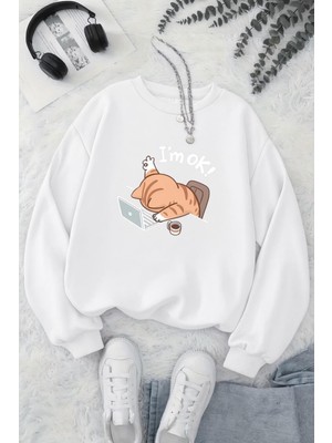 Oksit Bs Yorgun Kedi Baskılı Bisiklet Yaka Unisex Iki Iplik Şardonlu Sweatshirt