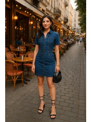 Banny Jeans Kadın Boydan Düğmeli Jean Elbise