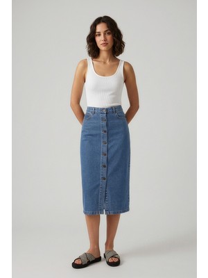 Banny Jeans Önden Düğmeli Yüksek Bel Uzun Mavi Denim Etek