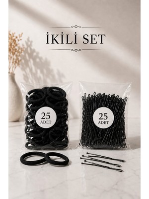 Invictus Design Kadın Yüksek Kalite 25'li Siyah Tel Toka ve 25'li Havlu Lastik Toka 50 Parça Ekonomik 2'li Set