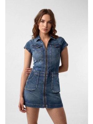 Banny Jeans Fermuarlı Cepli Kadın Jean Elbise