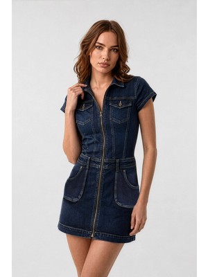 Banny Jeans Fermuar Detaylı Cepli Jean Elbise