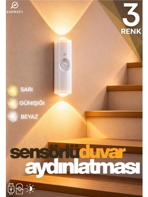 Edewatt Hareket Sensörlü Usb Şarj Edilebilir Çift Taraflı Üç Renk Led Gece Lambası Dolap İçi Koridor