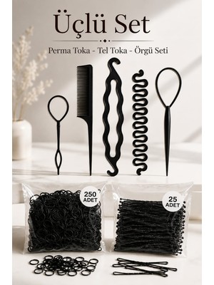 Invictus Design Kadın Siyah 5 Parça Saç Örgü Set, 250 Adet Minik Perma Lastik Toka, 25 Adet Tel Toka 3'lü Ekonomik Set