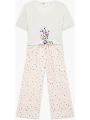 Koton Viskon Kumaş Bisiklet Yaka Çiçek Baskılı Kısa Kollu Pijama Seti
